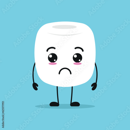 Cute sad marshmallow character. Funny unhappy marshmallow cartoon emoticon in flat style. sweet emoji vector illustration