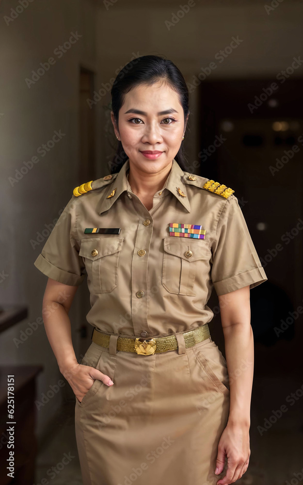 Fototapeta premium photo of middle aged asian woman in Thai teacher uniform, generative AI