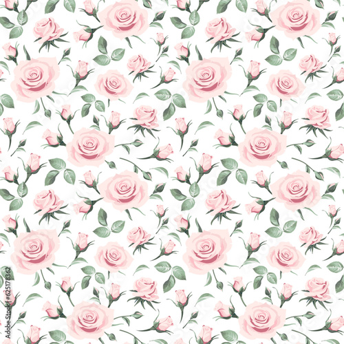 Seamless floral patterns with pink roses on the wight background. 