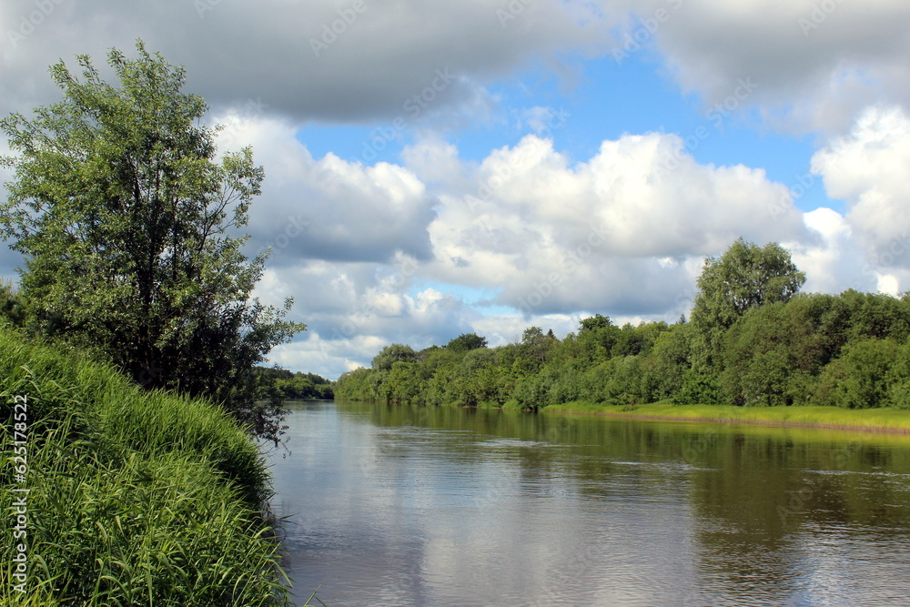 Beautiful view of a flowing river in summer with trees and fields.	