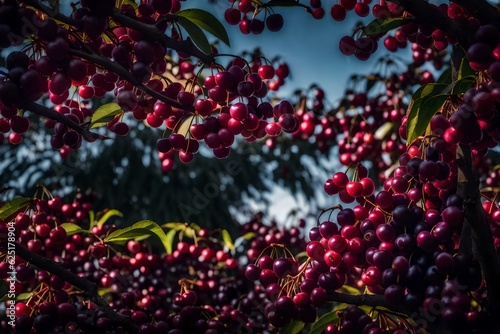 A cherry tree filled with plump  dark cherries - AI Generative