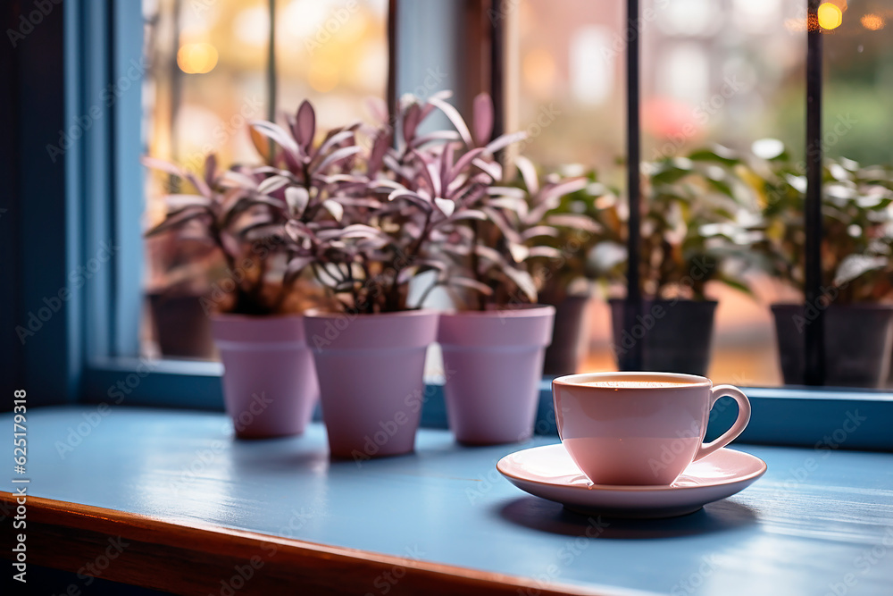 Still life in lavender shades. A cup of coffee on the windowsill. Generative AI Still life in lavender shades. A cup of coffee on the windowsill. Generative AI