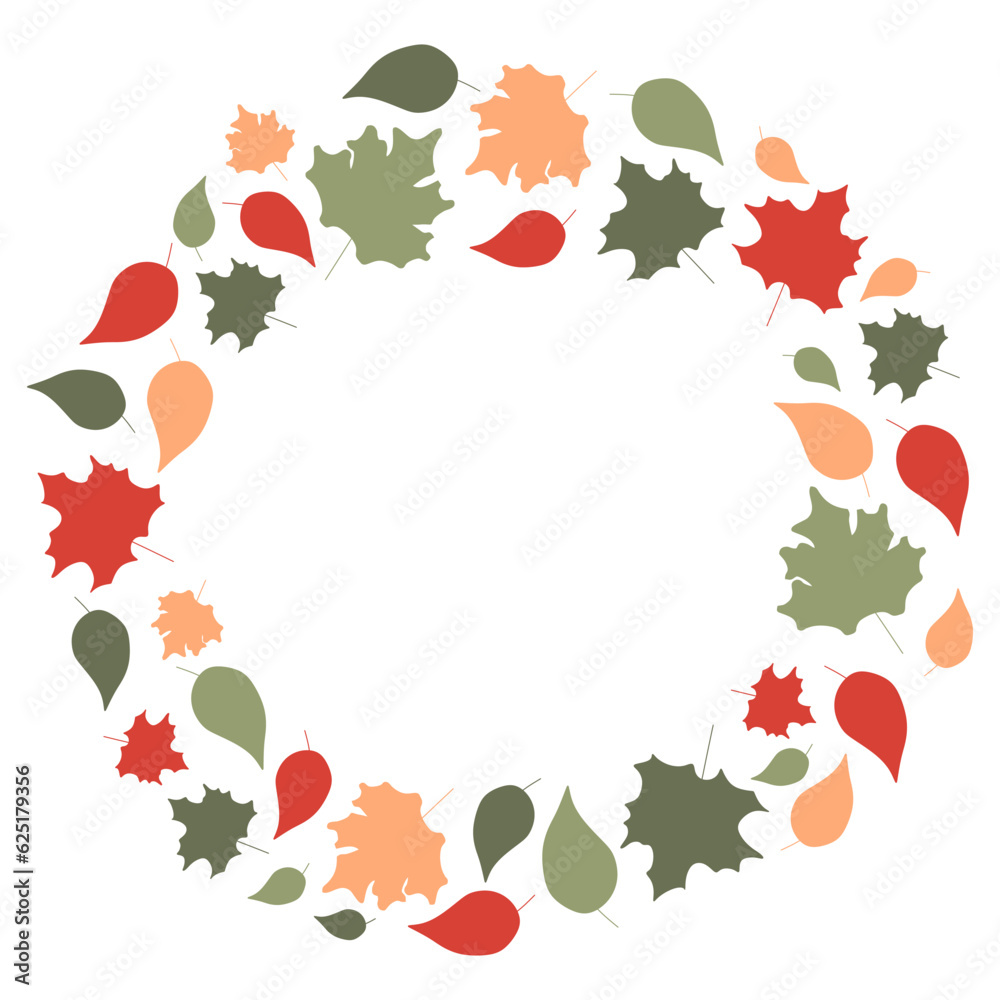 Autumn foliage wreath with space for text isolated on white. Vector flat botany illustration. Autumnal falling leaves in warm colors. Seasonal frame, Design element for postcard, wedding decoration. Autumn foliage wreath with space for text isolated on white. Vector flat botany illustration. Autumnal falling leaves in warm colors. Seasonal frame, Design element for postcard, wedding decoration.