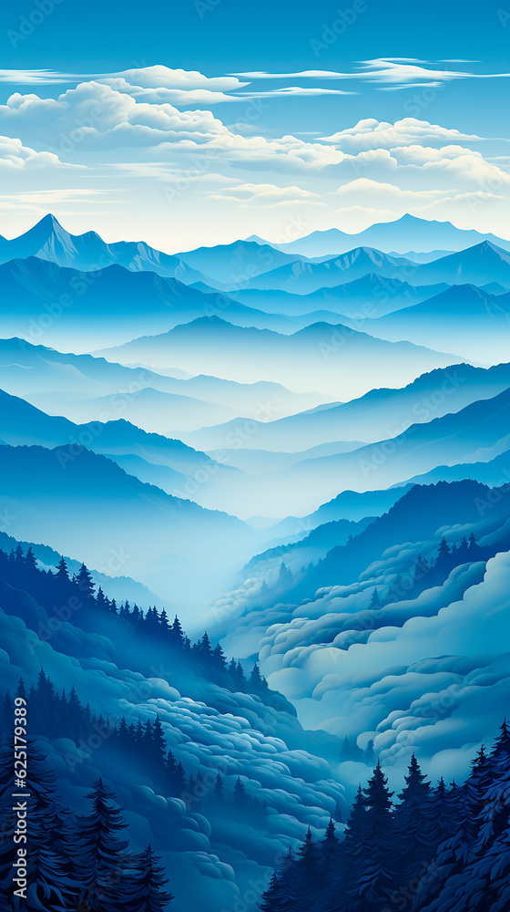 Beautiful wallpaper shades of blue in the blue mountains. Landscape, fog over mountain peaks. 