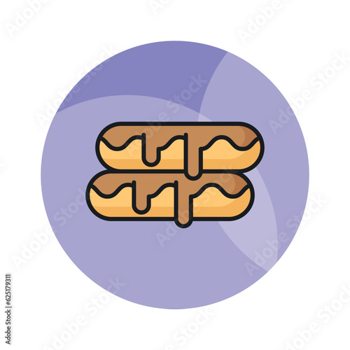 A small, soft, log shaped pastry filled with chocolate, modern flat eclair icon
