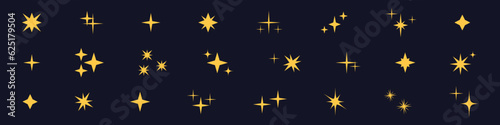 Magic yellow Shine. Sparkling line, doodle icons with twinkling stars. Isolated vector illustrations on white background.