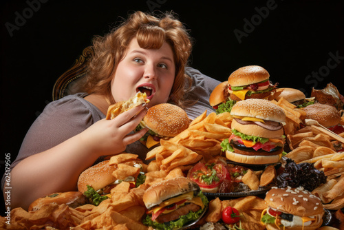 An extreme obese woman eating junk fast food and living a sedentary life with bad health habits Generative AI Illustration photo