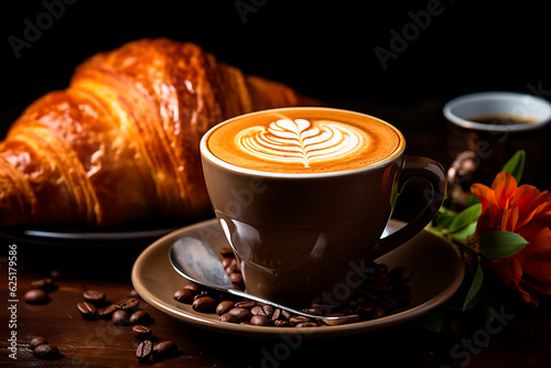 Close-up view of a cup of coffee latte with croissant in dark background. Generative AI