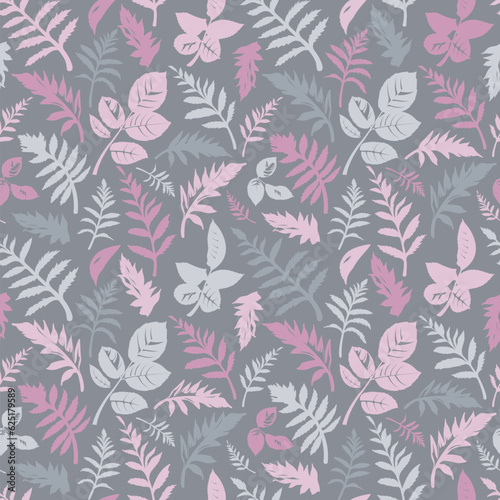 Seamless floral pattern with gray and pink leaves isolated on gray background. 