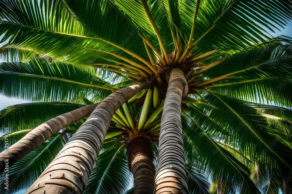Fototapeta premium A coconut palm tree with fresh coconuts ready to be enjoyed - AI Generative