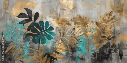 Obraz rośliny tropikalne, liści palmowe i monstera. Ilustracja AI