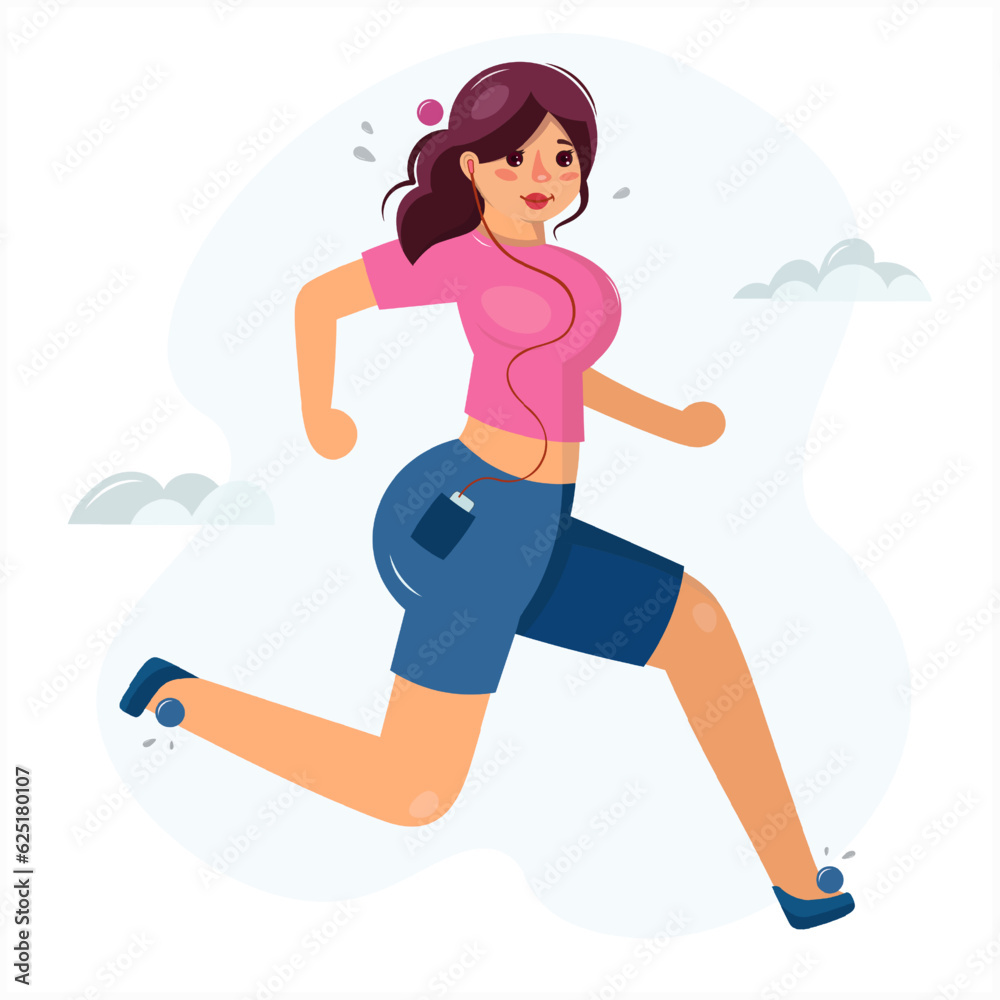 The running girl loses weight outdoors. Young woman running in sportswear with .headphones. Active training, weight loss, positive body, healthy lifestyle. Flat vector illustration