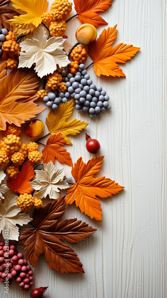 Fototapeta premium Autumn leaves on a white wooden background. Generative AI.