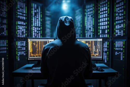 Hacker in Black Hoodie Hacking into the Mainframe  Back View 