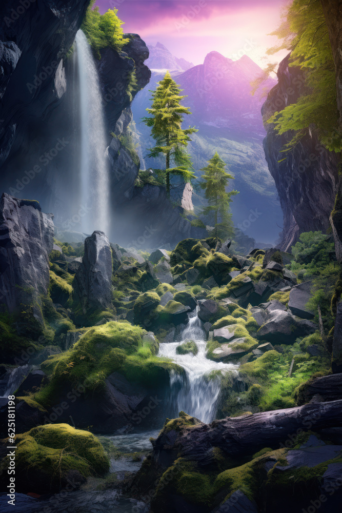 a waterfall cascading from a cliff in green
a waterfall cascading from a cliff in green