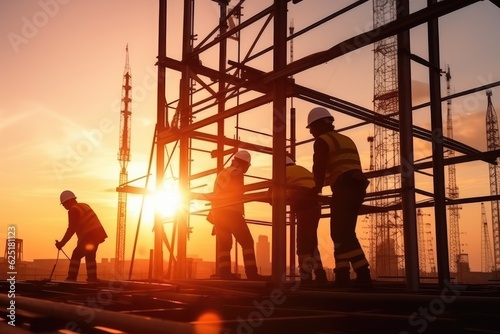 Silhouette of Construction Workers on a High Rise Building