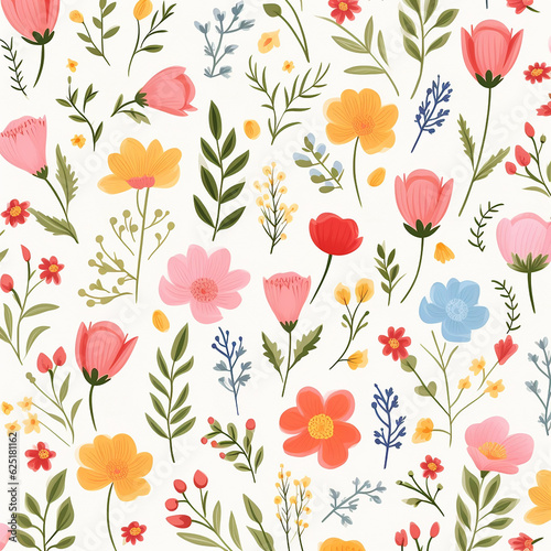Cute floral flowers on white background seamless pattern with generative AI technology