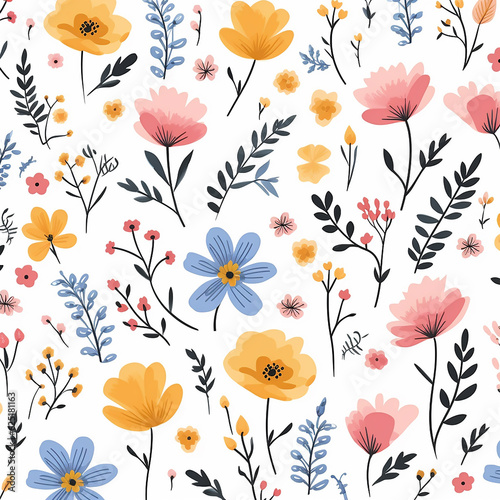 Cute floral flowers on white background seamless pattern with generative AI technology