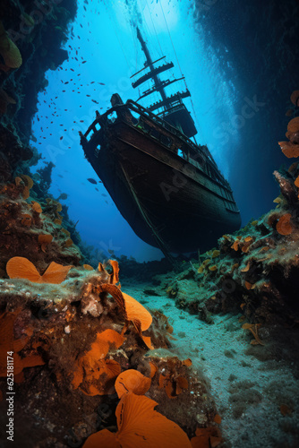 a sunken ship in a coral reef in blue ocean 