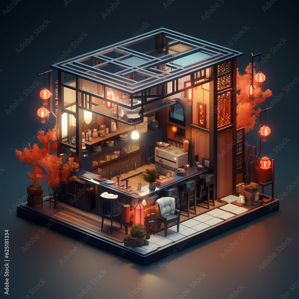 Great isometric 3D block of Bar Restaurant and Pub interior in vintage style with warm light Great isometric 3D block of Bar Restaurant and Pub interior in vintage style with warm light