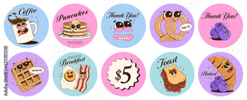 Contemporary sticker set with funky retro food characters. Can be used for food packaging and delivery. Branding mascots for cafe, restaurant, bar. Fresh pastries, breakfast and lunch menu.