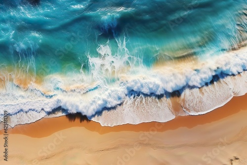 Panoramic view of the sandy beach. The sea wave rolls on the shore. Photo of crashing waves. Generation AI