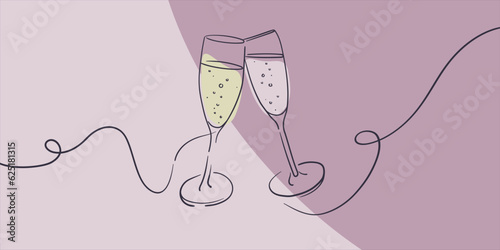 Continuous line champagne cheers one line art, continuous drawing contour. Cheers toast festive decoration for holidays on pink background. Vector illustration