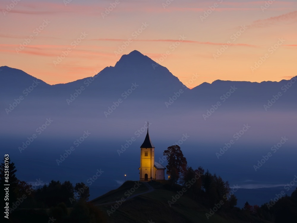 Illuminated church of St. Thomas in the Slovenian mountains at dawn