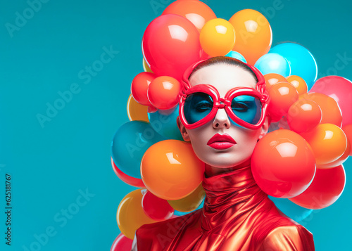 Creative colorful sweet, street party concept of a young girl in a bunch of helium balloons. Beautiful colorful balls as a symbol of fun and love. Generative AI.