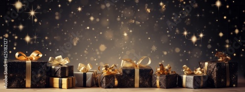 Christmas background template mock up golden decorate shiny balls and a bow on a present gift against an old wood background and defocused lights bokeh celebrate festive ideas,ai generate