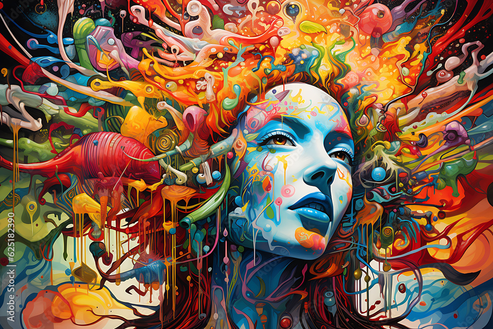 Complex and enigmatic realm of a schizophrenic patient's mind, symbolizing their unique experiences, struggles, and perceptions in a colorful vivid background 