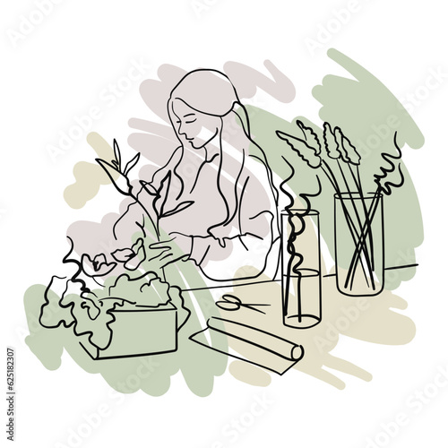 Professional florist working on table. Girl florist with flowers in line-art style with colour shape on a white background. Creation of bouquets. Flora shop. Vector outline illustration