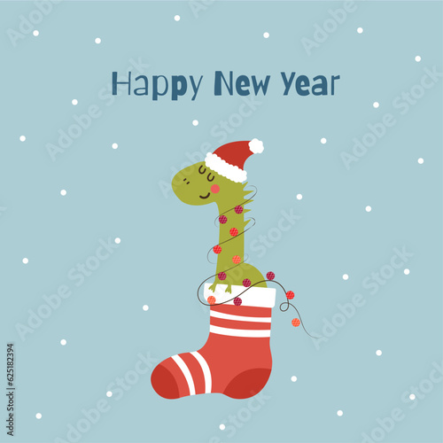 Happy new year 2024 card dinosaur in christmas sock on blue background