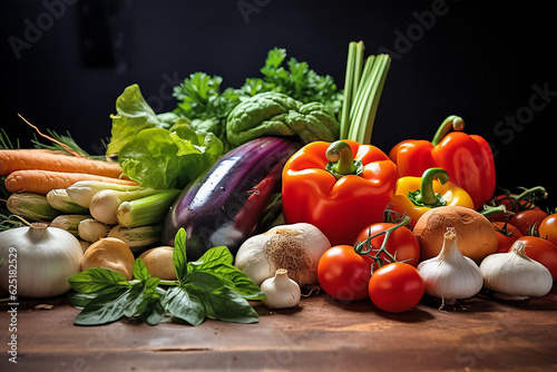 Fresh vegetables on wooden table. Healthy food background with copy space. Wellness diet nutrient-rich, close-up photography. Generative AI