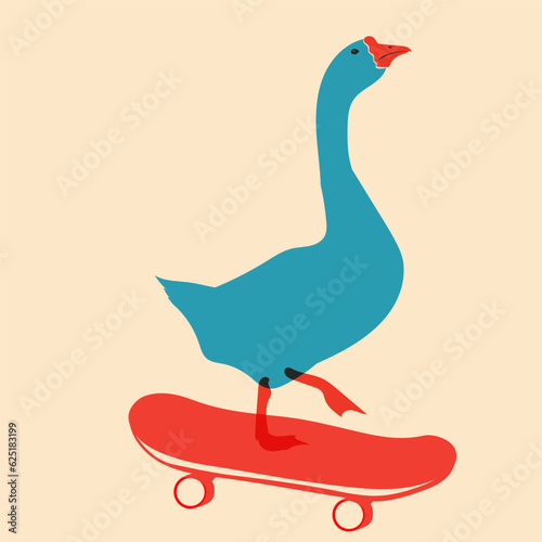 Goose on a skateboard. Design for print, sticker, party decoration, logo, emblem, magazine prints or journal article, t-shirt design, poster. Vector illustration with Riso print effect