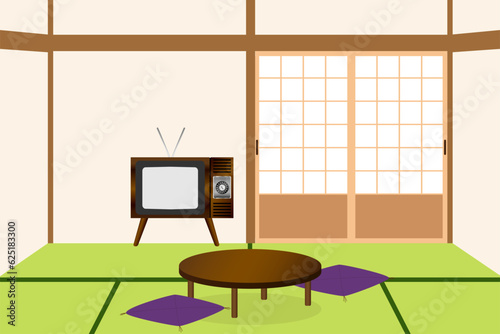 テレビ、ちゃぶ台、座布団がある和室。
日本の昭和時代のコンセプト。