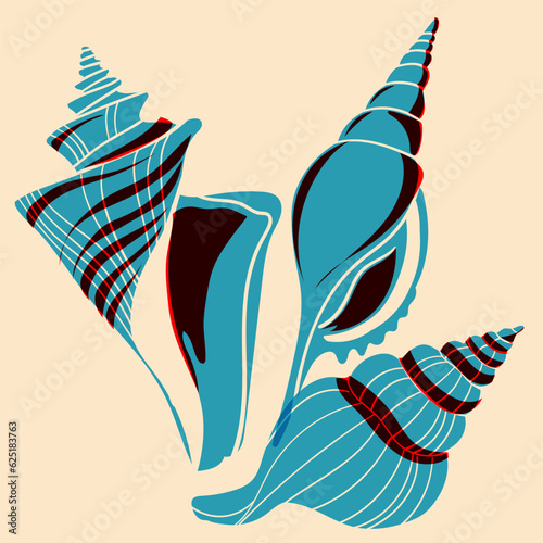 Sea shell. Colorful cute screen printing effect. Riso print effect. Vector illustration with riso print effeckt. Graphic element for fabric, textile, clothing, wrapping paper, wallpaper, poster.  photo