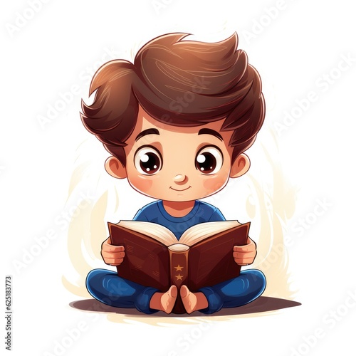 Cartoon little boy reading a book, AI generated Image