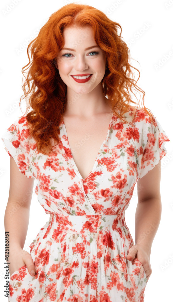 Portrait of a pretty young smiling red haired woman in a beautiful summer dress isolated on white background as transparent PNG, fictional person Portrait of a pretty young smiling red haired woman in a beautiful summer dress isolated on white background as transparent PNG, fictional person