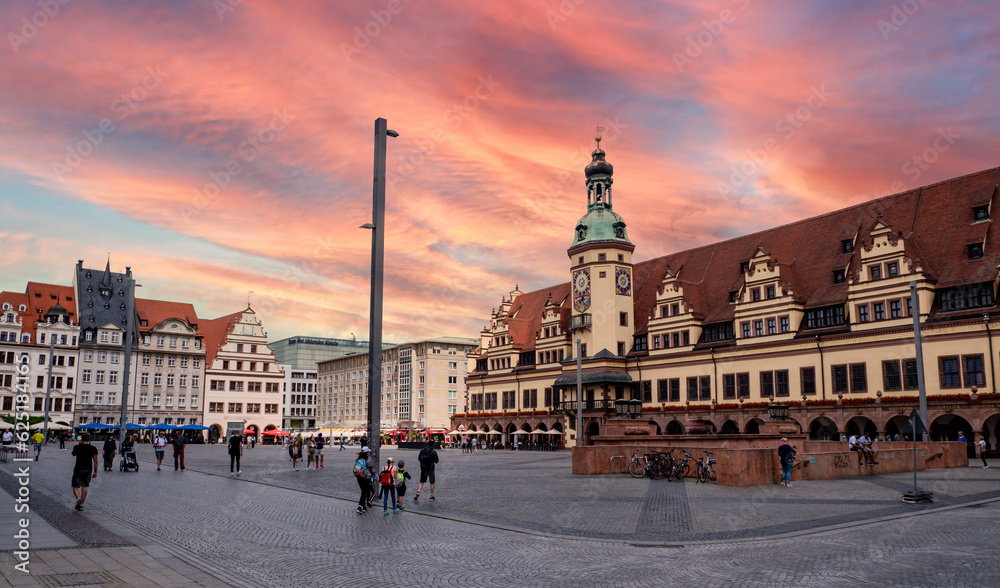 Leipzig market square with town hall in eastern Germany