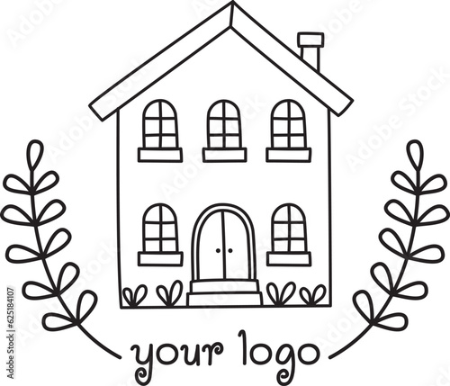 Logo with cute house and plants. Vector outline illustration