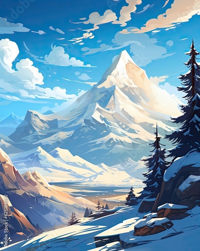 A blue sky with white clouds above snow-capped mountains. (Generative AI)