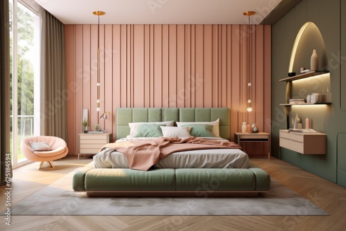 Modern chic interior design bedroom. Sleek design and comfortable bed with perfect fittings. Bright and cozy modern bedroom with dressing room