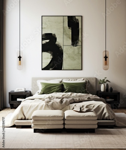 Modern chic interior design bedroom. Sleek design and comfortable bed with perfect fittings. Bright and cozy modern bedroom with dressing room