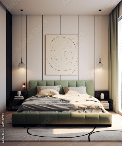 Modern chic interior design bedroom. Sleek design and comfortable bed with perfect fittings. Bright and cozy modern bedroom with dressing room