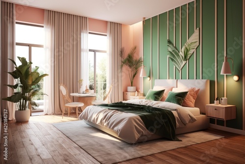 Modern chic interior design bedroom. Sleek design and comfortable bed with perfect fittings. Bright and cozy modern bedroom with dressing room
