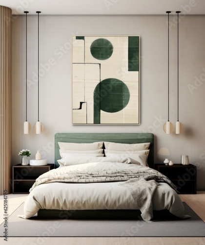 Modern chic interior design bedroom. Sleek design and comfortable bed with perfect fittings. Bright and cozy modern bedroom with dressing room