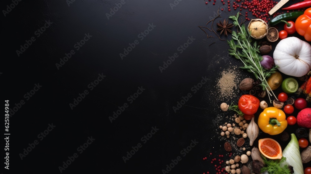 Foods in black background template, AI generated Image