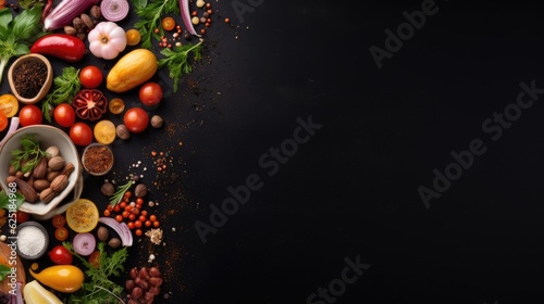 Foods in black background template, AI generated Image