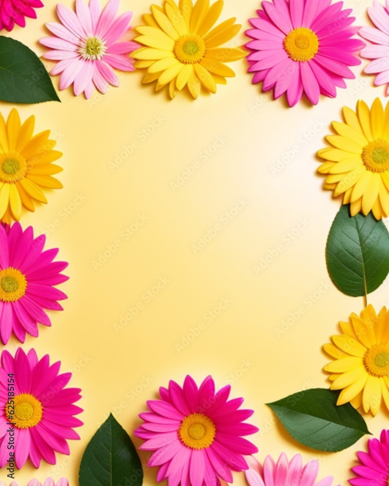 Flowers composition. Frame made of colorful flowers on yellow background. Flat lay, top view, copy space Generative AI Flowers composition. Frame made of colorful flowers on yellow background. Flat lay, top view, copy space Generative AI